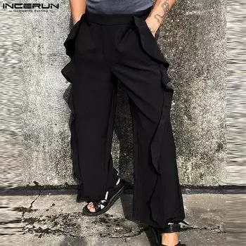 INCERUN Men Spring Ruffled Hem High Waist Trousers Casual Pants 4XL чёрный