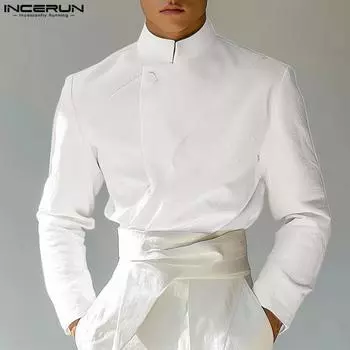INCERUN Мужские весенние рубашки с воротником-стойкой и длинным рукавом на одной пуговице 4XL
