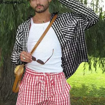 INCERUN Мужские весенние полосатые рубашки с лацканами и длинным рукавом с принтом повседневные топы S темно-синий