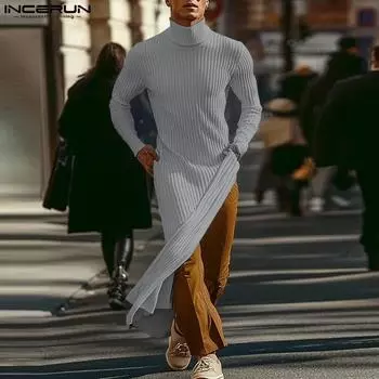INCERUN Men Spring Turtleneck Rib Splits Tops Long Sleeve Thin Tunic T-shirts 3XL чёрный