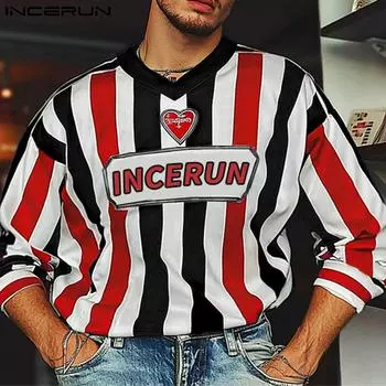 INCERUN Men Spring V Neck Long Sleeve Striped Print Casual Tops T-shirts S синий