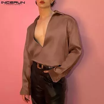 INCERUN Men Spring V Neck Satin Shirts Long Sleeve Glitter Casual Tops 4XL фиолетовый