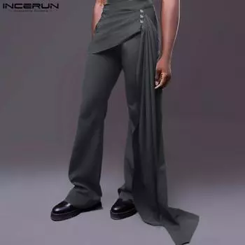 INCERUN Men Spring Zip-up High Waist Wrap Ribbon Patchwork Casual Long Trousers Pants 3XL чёрный