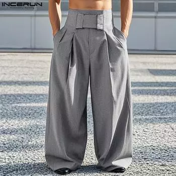 INCERUN Men Spring Zipper High Waist Long Trousers Casual Wide Leg Pants With Pockets S серый