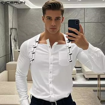INCERUN Men Square Collar Long Sleeve Buttons Knitted Casual Tops T-shirts S зелёный