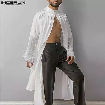 INCERUN Мужские топы с воротником-стойкой и длинными рукавами в сетку, в стиле пэчворк, на пуговицах, длинные кардиганы, рубашки S чёрный