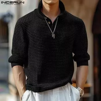INCERUN Мужские толстовки с воротником-стойкой и длинным рукавом из вафельной ткани, осенние пуловеры S чёрный