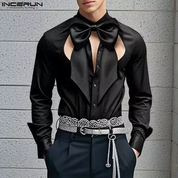 INCERUN Men Stand Neck Long Sleeve Cutout Bow Knot Loose Party Shirts Tops 2XL чёрный