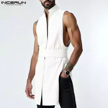 INCERUN Men Stand Neck Sleeveless Open Front Side Splits Semi-Sheer Long Tank Tops XL