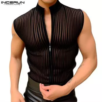INCERUN Men Stand Neck Sleeveless Striped Transparent Mesh Sheer Zip-up Tank Tops 2XL