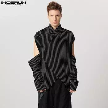 INCERUN Men Stand Swing Collar Irregular Splits Long Sleeve Tops Striped Shirts 2XL чёрный
