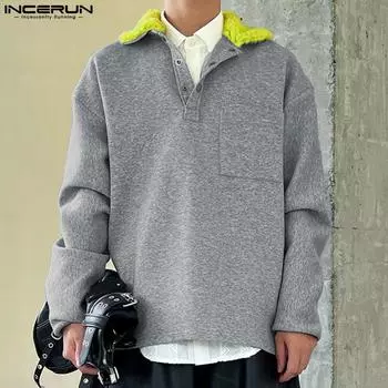 INCERUN Men Stitching Lapel Neck Long Sleeve Patchwork Pullover Sweatshirts S чёрный