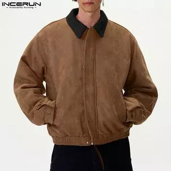 INCERUN Men Stitching Long Sleeve Zipper Up Suede Jackets Motorcycle Style Coats S чёрный