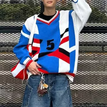 INCERUN Men Stitching V Neck Long Sleeve Print Striped Pullovers Tops S синий