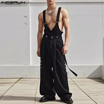 INCERUN Men Strap Jumpsuits Summer Casual Suspenders Cargo Long Overalls Pants XL чёрный