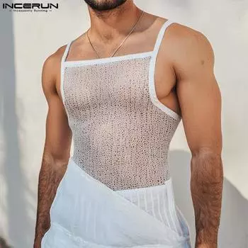 INCERUN Men Strap Sleeveless Mesh Sheer Skinny Tank Tops Undershirts S
