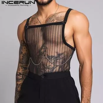 INCERUN Men Strap Sleeveless See Through Mesh Sheer Patchwork Tank Tops Partywear Clubwear M