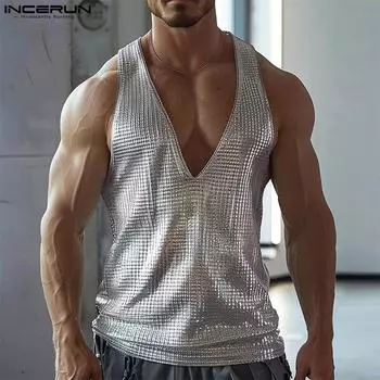 INCERUN Men Summer Deep V Neck Sleeveless Shinny Vest Casual Loose Party Club Tank Tops