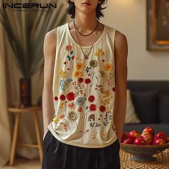INCERUN Мужские летние топы без рукавов с цветочным принтом, повседневные майки с U-образным вырезом, жилет 3XL бежевый