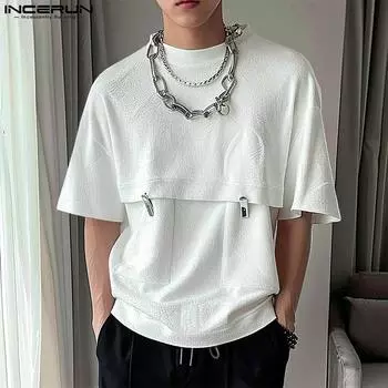 INCERUN Мужские летние топы с коротким рукавом и круглым вырезом, повседневные футболки M чёрный