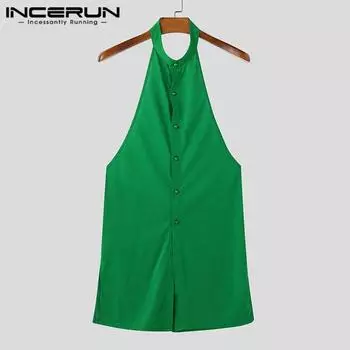 INCERUN Men Summer Halter Neck Sleeveless Buttons Splits Backless Party Long Tank Tops 3XL чёрный