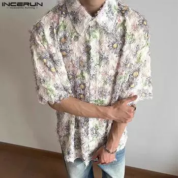 INCERUN Мужские летние рубашки с лацканами и кисточками, с коротким рукавом, с принтом, пляжные гавайские топы 2XL зелёный