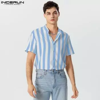 INCERUN Men Summer Lapel Neck Short Sleeve Striped T-shirts Buttons Up Shirts Tops S чёрный