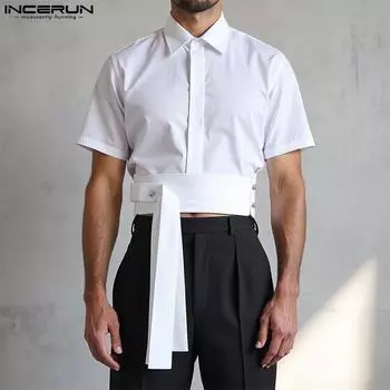INCERUN Men Summer Lapel Neck Short Sleeve Waist Belt Casual Cropped Shirts M чёрный