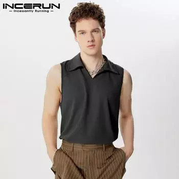 INCERUN Men Summer Lapel Neck Sleeveless Loose Tank Tops Casual T-shirts M хаки