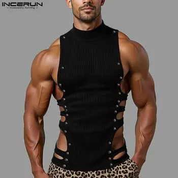 INCERUN Мужские летние топы-майки без рукавов с декоративными пуговицами и ажурной вязкой в рубчик M