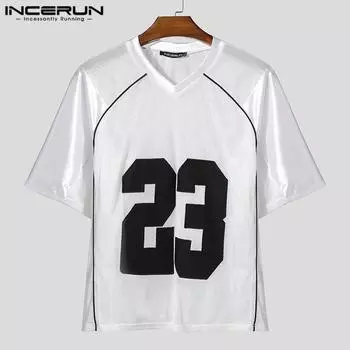 INCERUN Men Summer O Neck Short Sleeve Letter Print Mesh Sheer T-Shirts Sports Tops S белый