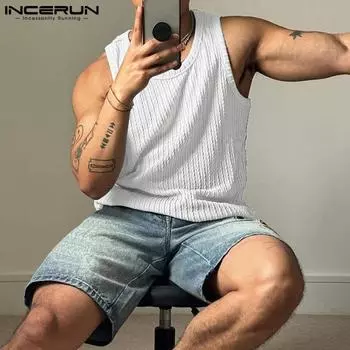 INCERUN Men Summer O-neck Sleeveless Texture Casual Sports Tank Tops T-shirts 5XL