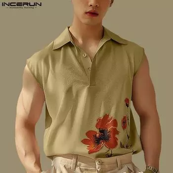 INCERUN Мужские летние топы без рукавов с принтом, повседневный жилет с цветочным принтом S хаки