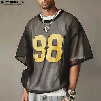 INCERUN Мужские летние топы с круглым вырезом и коротким рукавом с принтом из сетки, повседневные открытые спортивные футболки 4XL чёрный