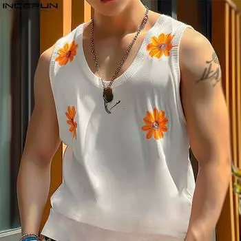 INCERUN Men Summer Sleeveless Floral Print Knitted Tank Tops Casual Loose Vest S белый
