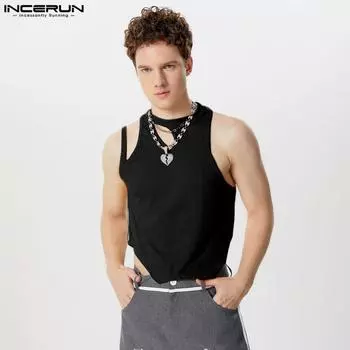 INCERUN Мужские летние нерегулярные майки без рукавов с трикотажным жилетом-камисолью 2XL чёрный