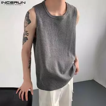 INCERUN Мужские летние свободные майки без рукавов Повседневный однотонный вафельный жилет S жёлтый