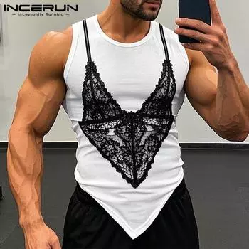 INCERUN Men Summer Sleeveless Print Casual Irregular Tank Tops Undershirts S чёрный