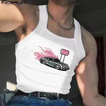 INCERUN Men Summer Sleeveless Print Knitted Tank Tops Casual Fitted Cami M чёрный