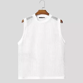 INCERUN Men Summer Sleeveless See Through Hollow Webbing Casual Beach Tank Tops