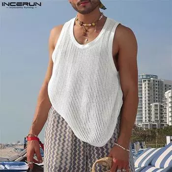 INCERUN Men Summer Sleeveless See Through Hollow Out Holiday Beach Tank Tops S белый