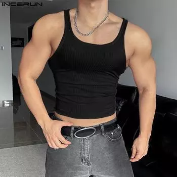 INCERUN Мужские летние короткие майки без рукавов со спиной-борцовкой в рубчик S чёрный