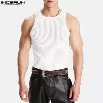 INCERUN Men Summer Sleeveless Slightly Transparent Striped Thin Tank Tops 2XL синий