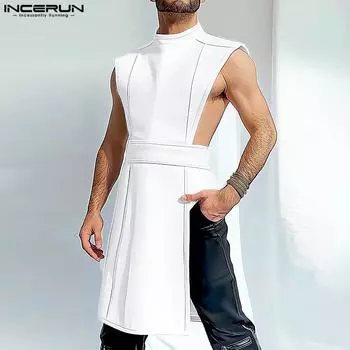 INCERUN Men Summer Sleeveless Solid Tank Tops Casual Irregular Tunic T-shirts M белый