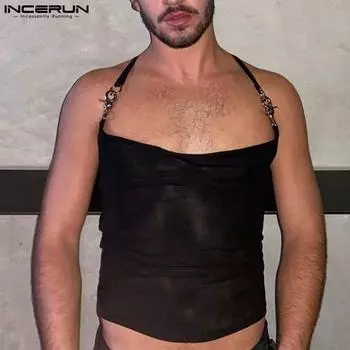 INCERUN Men Summer Sleeveless Strap Semi-Sheer Mesh Tank Tops Party Club Cami S