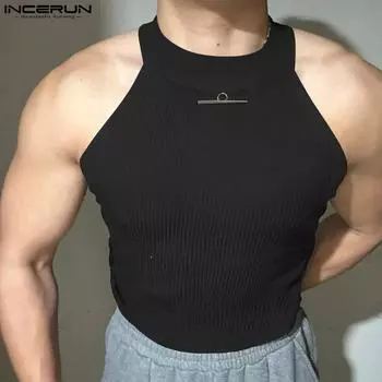 INCERUN Men Summer Sleeveless Stretch Casual Thin Rib Tank Tops 5XL чёрный