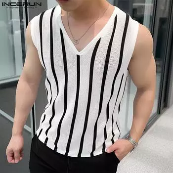 INCERUN Мужские летние майки без рукавов с V-образным вырезом в полоску, дышащий жилет с вырезами 3XL чёрный
