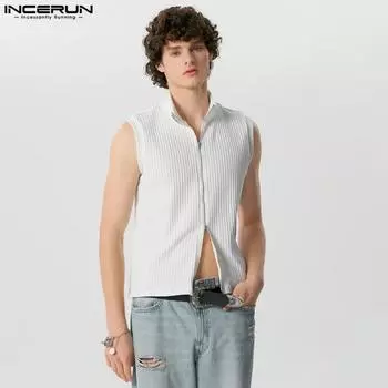 INCERUN Men Summer Solid Vest Zipper Up Sleeveless Tank Tops