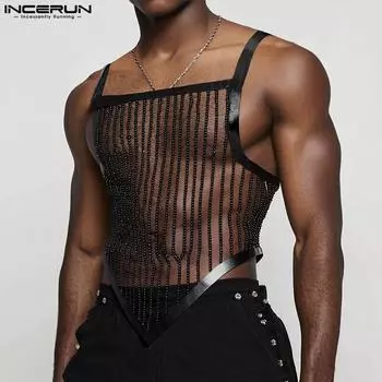 INCERUN Men Summer Strap Sleeveless Glitter See Through Mesh Party Irregular Tank Tops S