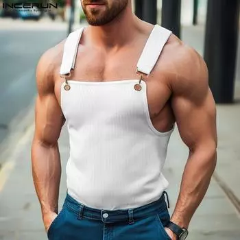 INCERUN Men Summer Strap Sleeveless Rib Casual Fitted Tank Tops 2XL